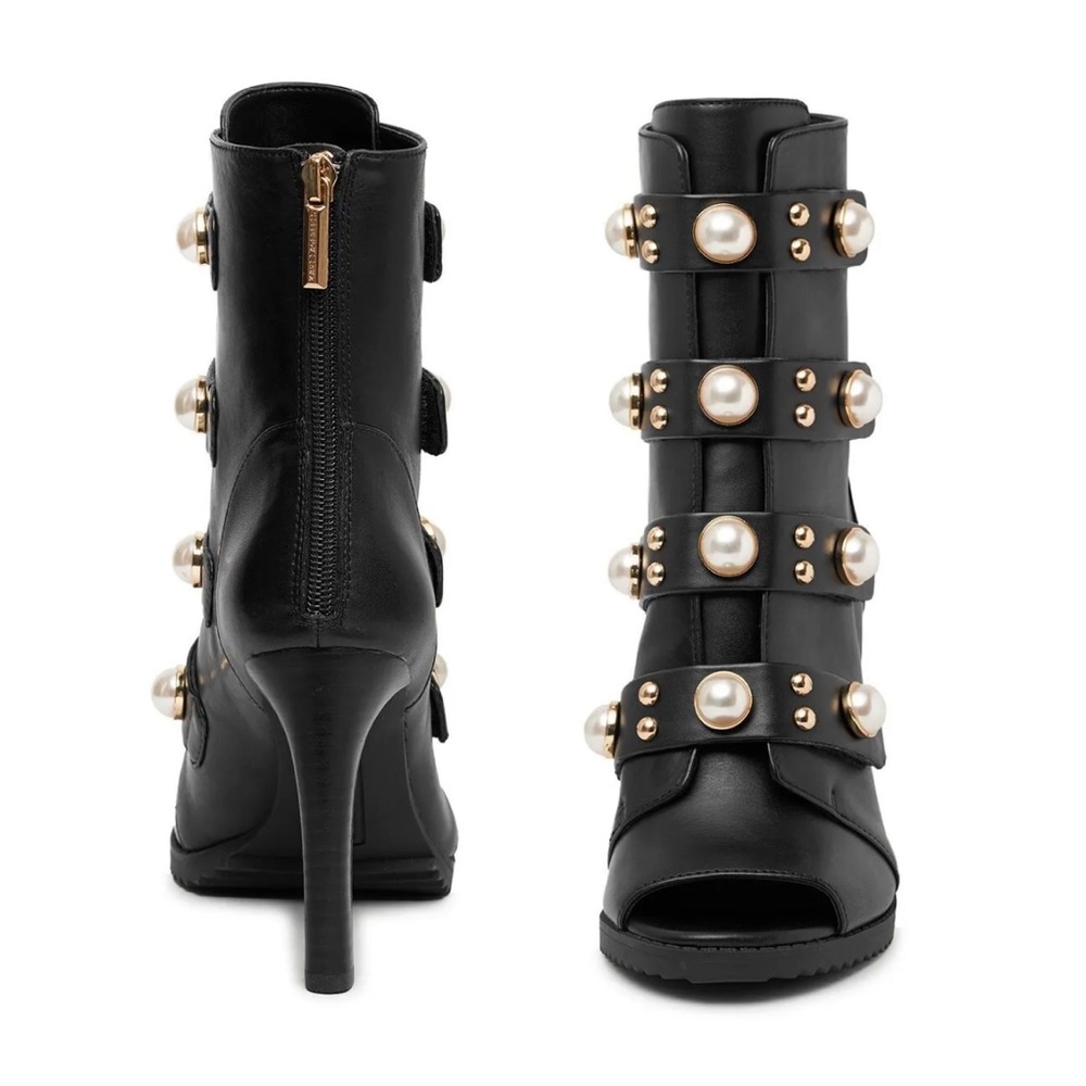 NWOB Karl Lagerfeld Black Brittie Embellish Pearl Peep Toe Booties